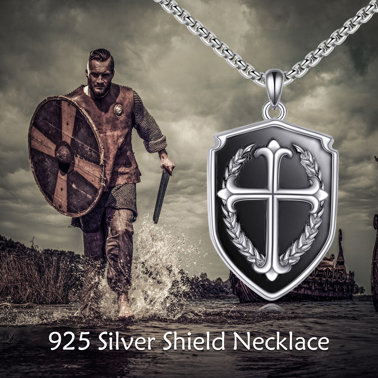 925 Sterling Silver Cross Shield Pendant Necklace